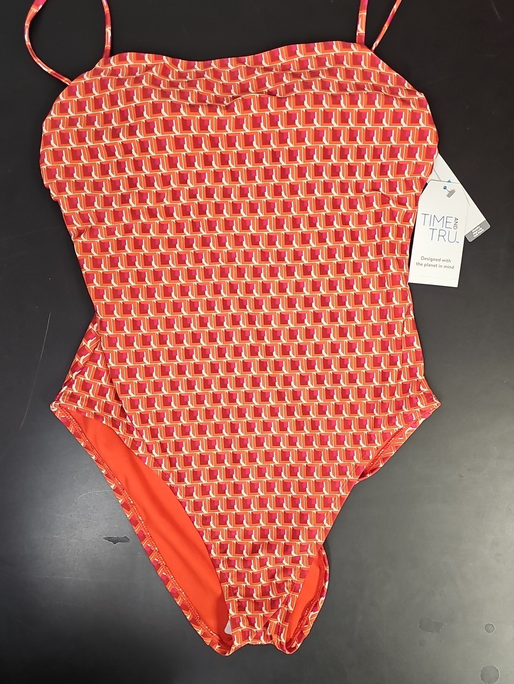 Time and Tru Orange Geometric One-Piece Swim Bodysuit
